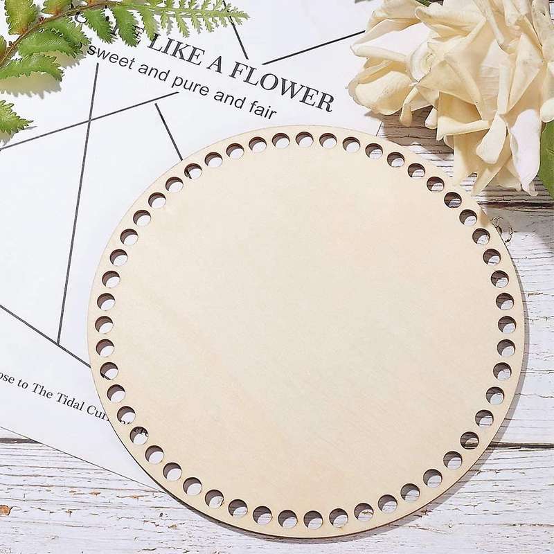 20cm Natural Wooden Basket Bottom with Hole, Circle Blank Wood Base for Diy Knitting Crochet Bag Bo