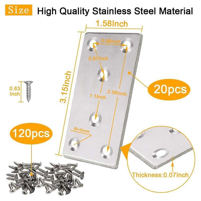 20pack 3x1.5inch Flat Mending Plates Flat Bracket,stainless Steel Mending Joining Plates Repair Fix