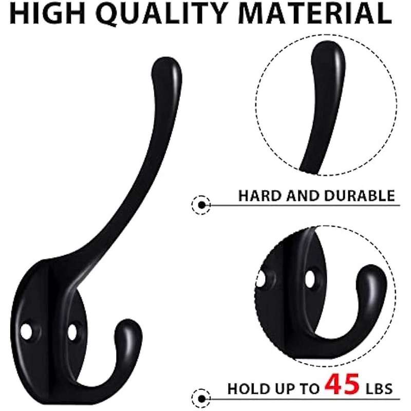 20pack Black Wall Hooks for Hanging, Metal Coat Hooks Wall Mounted, Retro Double Hooks Heavy Duty Ha