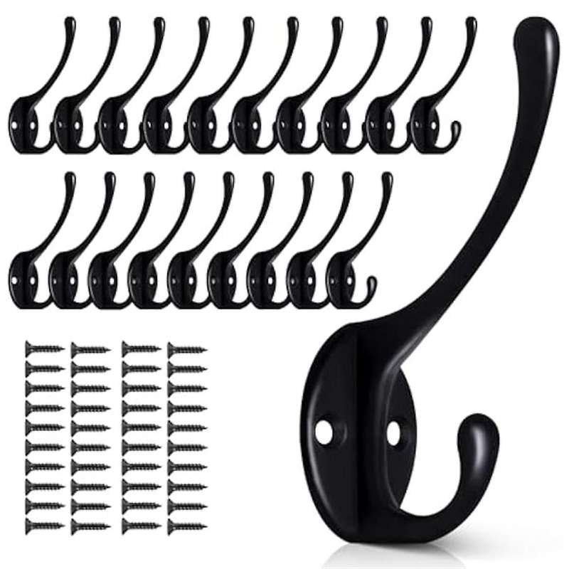 20pack Black Wall Hooks for Hanging, Metal Coat Hooks Wall Mounted, Retro Double Hooks Heavy Duty Ha