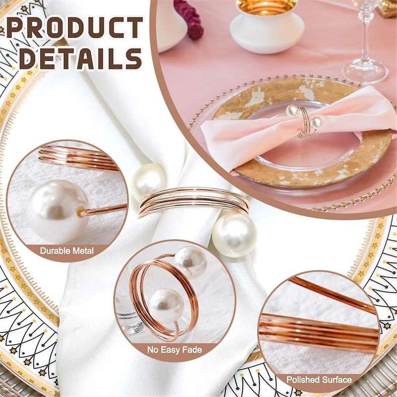 20pack Rose Gold Napkin Rings, Pearl Napkin Ring Set, Metal Spring Napkin Holder Table , Napkin Ring