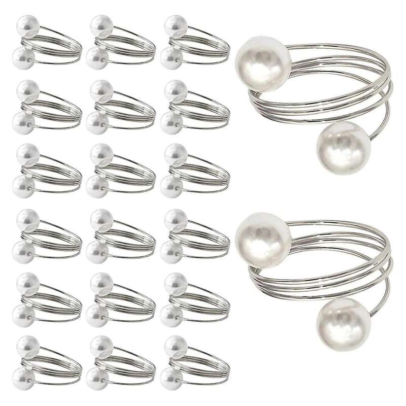 20pack Silver Napkin Rings, Pearl Napkin Ring Set, Metal Spring Napkin Holder Table , Napkin Ring Bu
