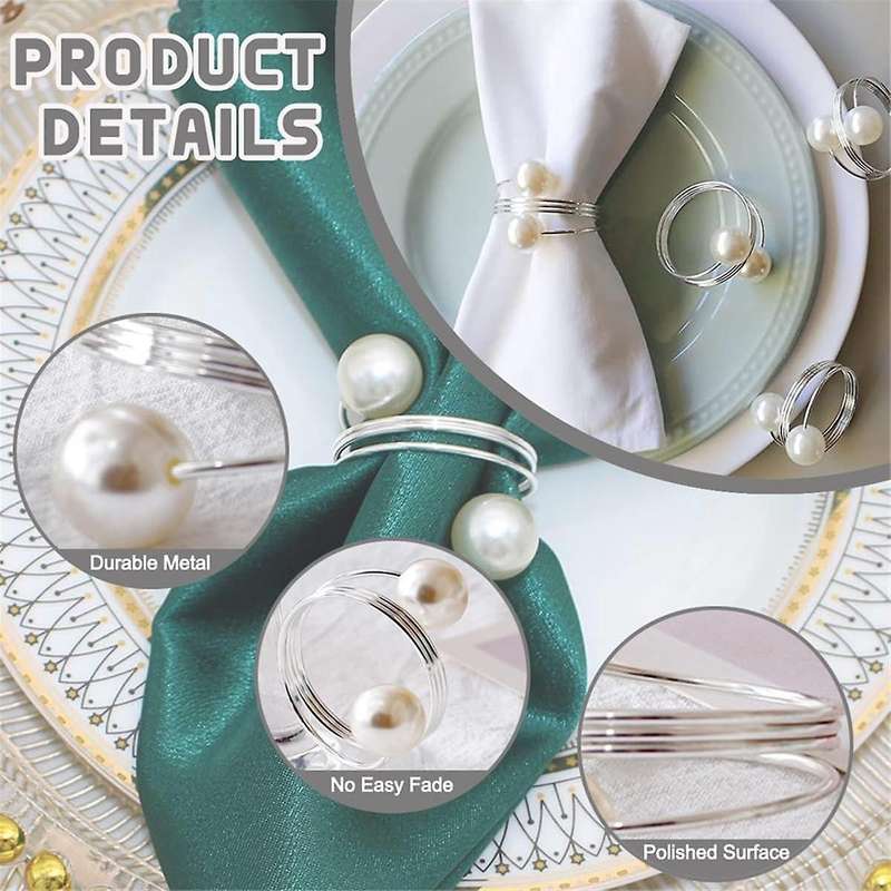 20pack Silver Napkin Rings, Pearl Napkin Ring Set, Metal Spring Napkin Holder Table , Napkin Ring Bu