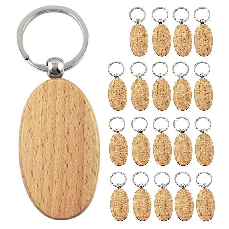 20pcs Blank Wooden Key Chain Diy Wood Keychains Key Tags Gifts Yellow Oval