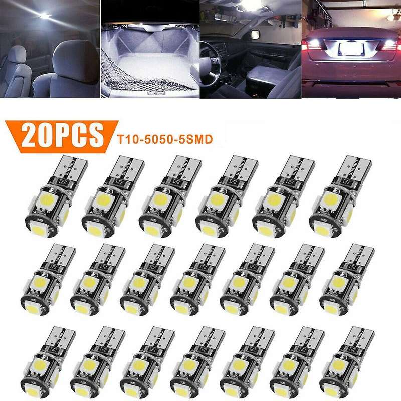 20Pcs Cool White T10 LED Bulb Car Interior License Light 2825 192 194 5050 5 SMD