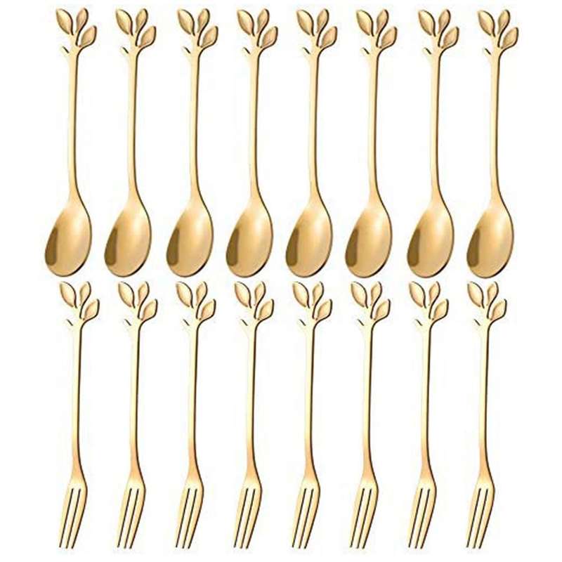 20PCS Dessert Spoon and Fork Set Cake Fork Coffee Spoon Fruit Fork Stainless Steel -Gold