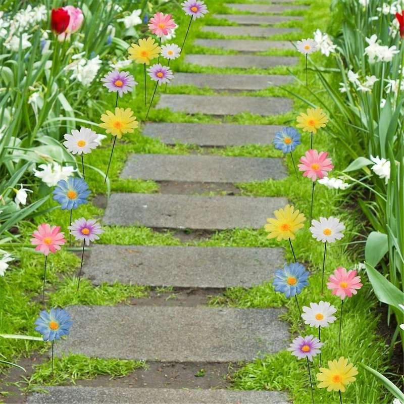 20Pcs Daisy Flower Garden Stakes Decor Metal Daisy Flower Garden Stakes Iron Crafts, Flower Stick De