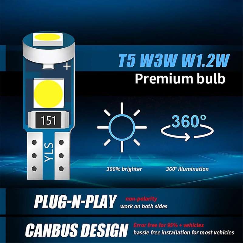 20pcs T5 Led Lights for Car Dashboard Panel Gauge Indicator, 3030-3smd Light Replacement with Twist