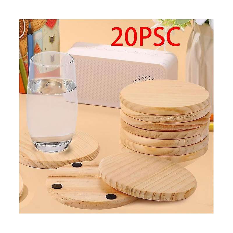 20pcs Unfinished Wood Coasters, 4 Inch Round Blank Wooden Coasters for Crafts with Non- Silicon Dots