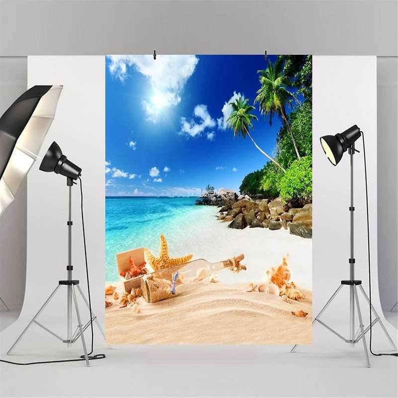 210X150cm Summer Tropical Beach Theme Photography Backdrop Ocean Palm Leaves White Cloud for Hawaii
