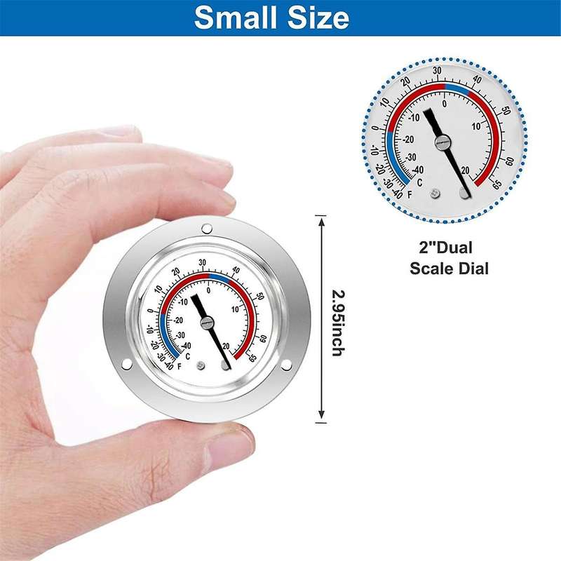 Cooler Thermometer Capillary Design Refrigeration Gauge, -40 to 65 / -40 to 20, 2Inch Dial Stainless