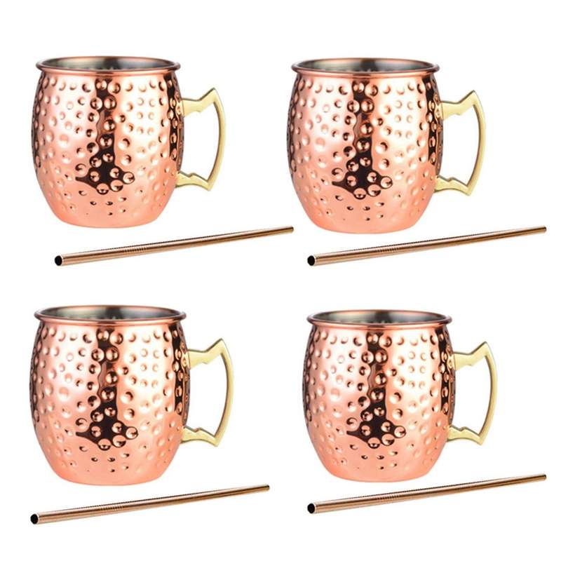 Copper Mugs - Set of 4-Handcrafted- Copper Mugs Gift Set with Bonus :4 Cocktail Copper Straws