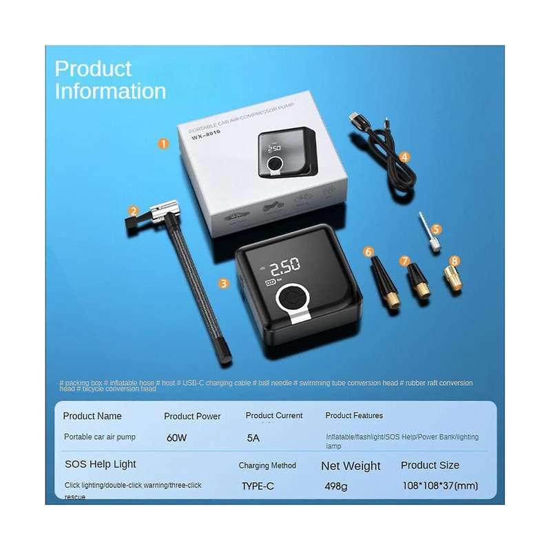 Cordless Car Air Pump Car Air Compressor 5000mah Electric Wireless Tire Inflator Pump for Motorcycle
