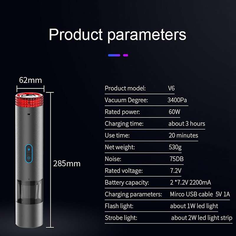 Cordless Handheld Vacuum Cleaner with Flashlight Strobe Light for Car Home, V6