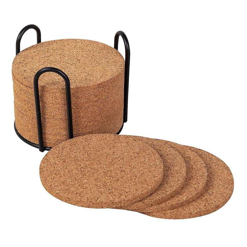 Cork Coasters with Metal Holder,Thick Absorbent Natural Cup Coasters Heat Resistant for Cold Drinks,