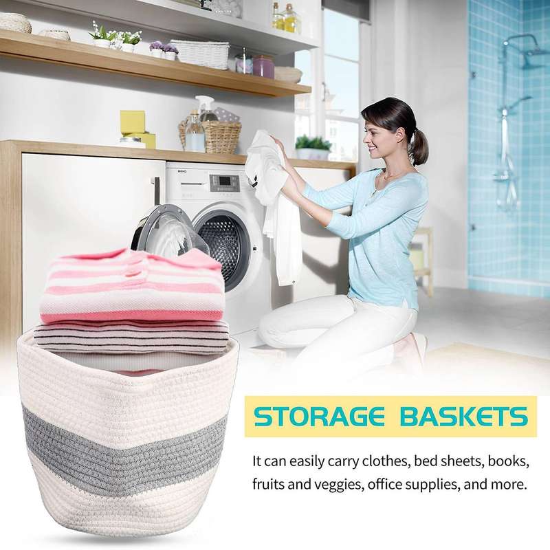 Cotton Rope Plant Basket for Potted Plant, Woven Storage Basket, Indoor Floor Planting Pots with Han