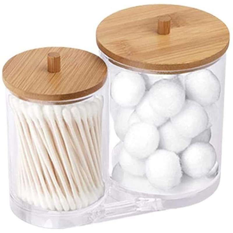 Cotton Swab Pads Holder with Bamboo Lids, Acrylic Qtip Holder Ball Dispenser Cotton Round Pad