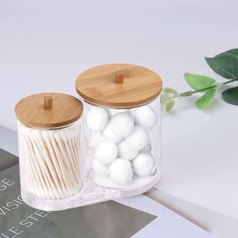 Cotton Swab Pads Holder with Bamboo Lids, Acrylic Qtip Holder Ball Dispenser Cotton Round Pad