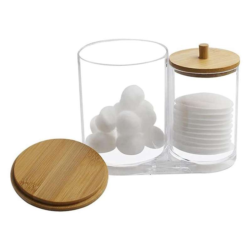 Cotton Swab Pads Holder with Bamboo Lids, Acrylic Qtip Holder Ball Dispenser Cotton Round Pad