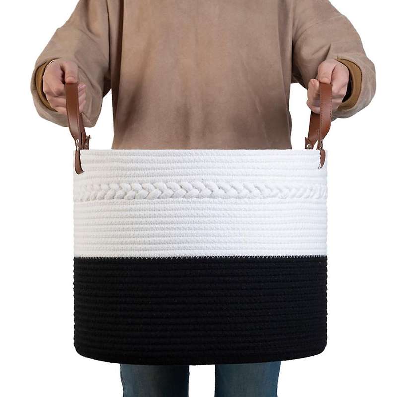 Cotton Rope Blanket Basket with Leather Handles Extra Large Nature Blanket Basket for Nursery Clothe