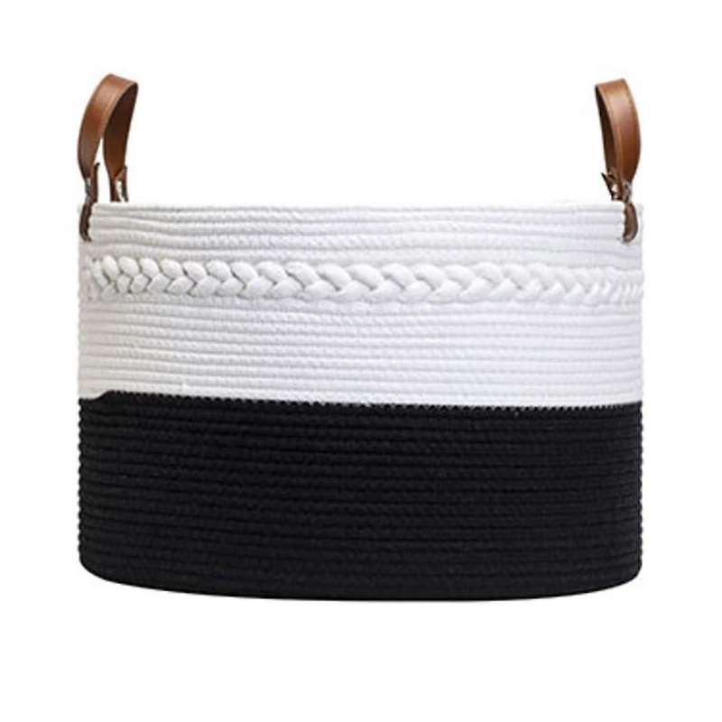 Cotton Rope Blanket Basket with Leather Handles Extra Large Nature Blanket Basket for Nursery Clothe