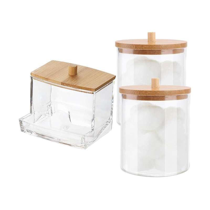 Cotton Swab Storage Box with Bamboo Lid Bathroom Container, Cotton Ball/swab Dispenser, Jar Storage