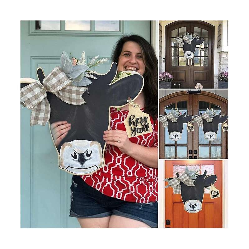 Cow Head Sign Welcome Front Door Hanger Handicraft Farmhouse Spring Porch Decor Ornaments Gifts