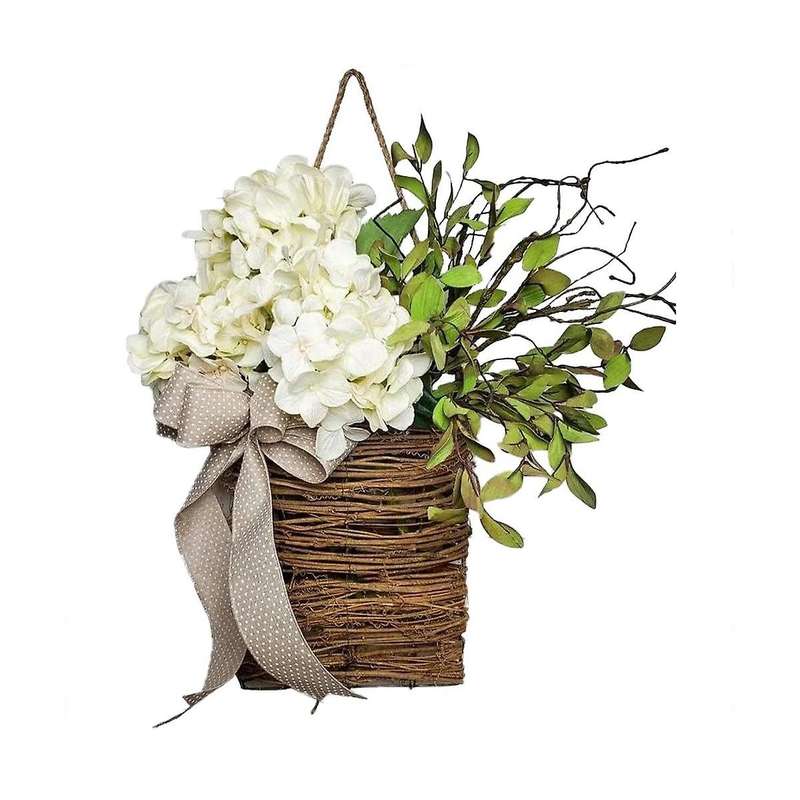 Cream Hydrangea Door Hanger Basket Wreath,wildflowers Door Hanging Basket Wreath, Home Porch Farmho