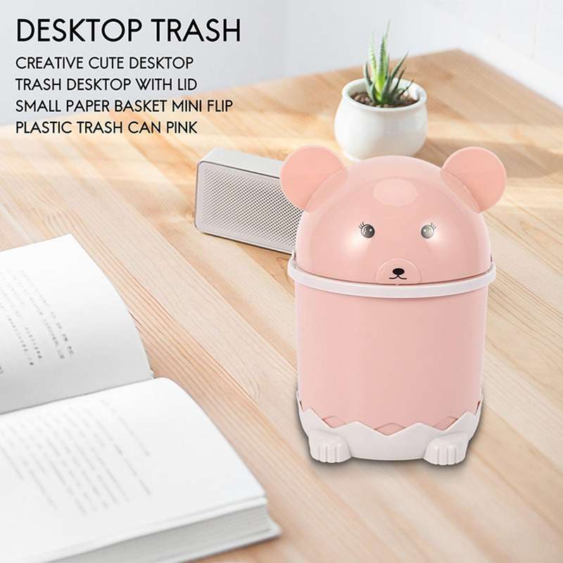 Creative Cute Desktop Trash Desktop with Lid Small Paper Basket Mini Flip Plastic Trash Can Pink