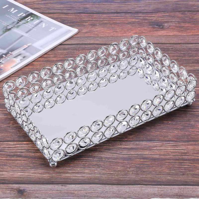 Crystal Rectangle Cosmetic Tray Jewelry Trinket Organizer Mirror Decorative Tray Perfume Skin Care