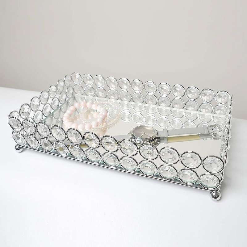 Crystal Rectangle Cosmetic Tray Jewelry Trinket Organizer Mirror Decorative Tray Perfume Skin Care