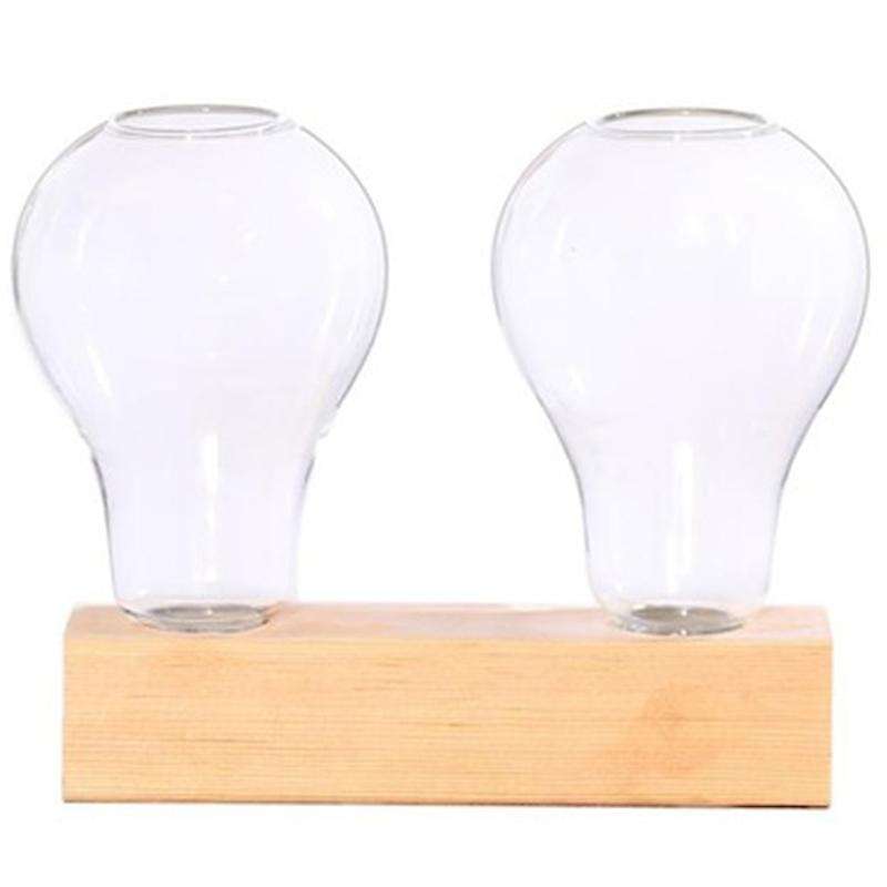 Crystal Glass Planter with Wooden Stand Hydroponics Plants Bulb Desktop Terrarium Flower Vase Home
