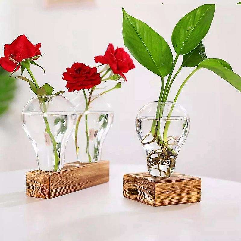 Crystal Glass Planter with Wooden Stand Hydroponics Plants Bulb Desktop Terrarium Flower Vase Home