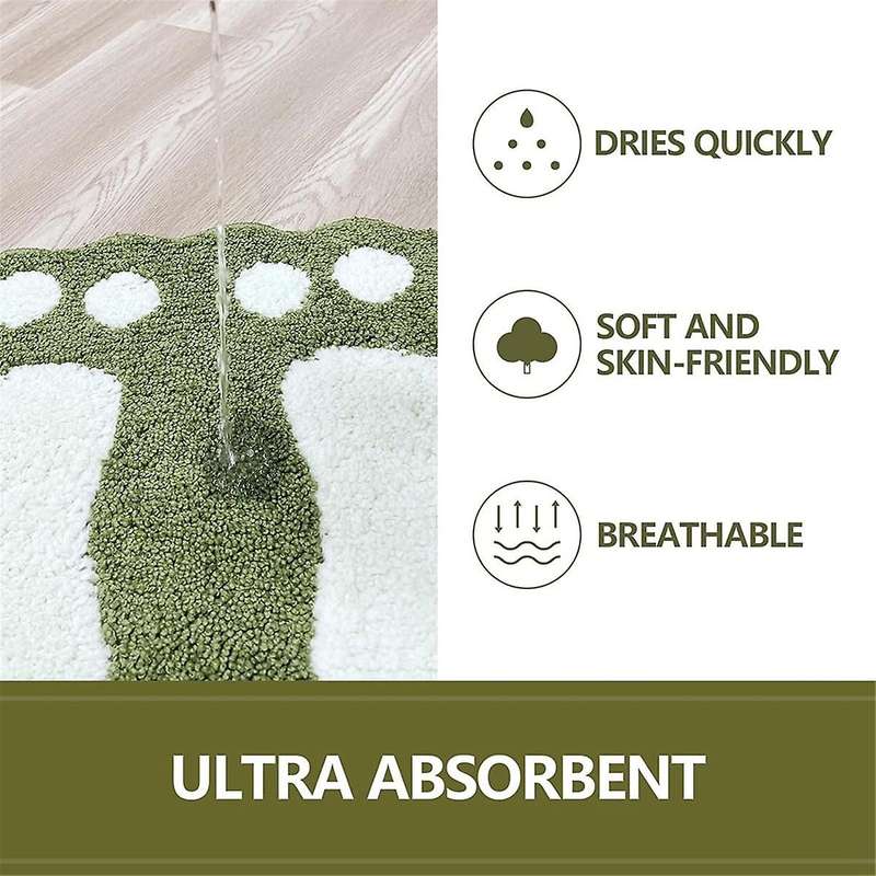 Cute Bath Mat Rug Non- Water Absorbent Green Big Feet Quick Dry Soft Microfiber Carpet for Bathroom