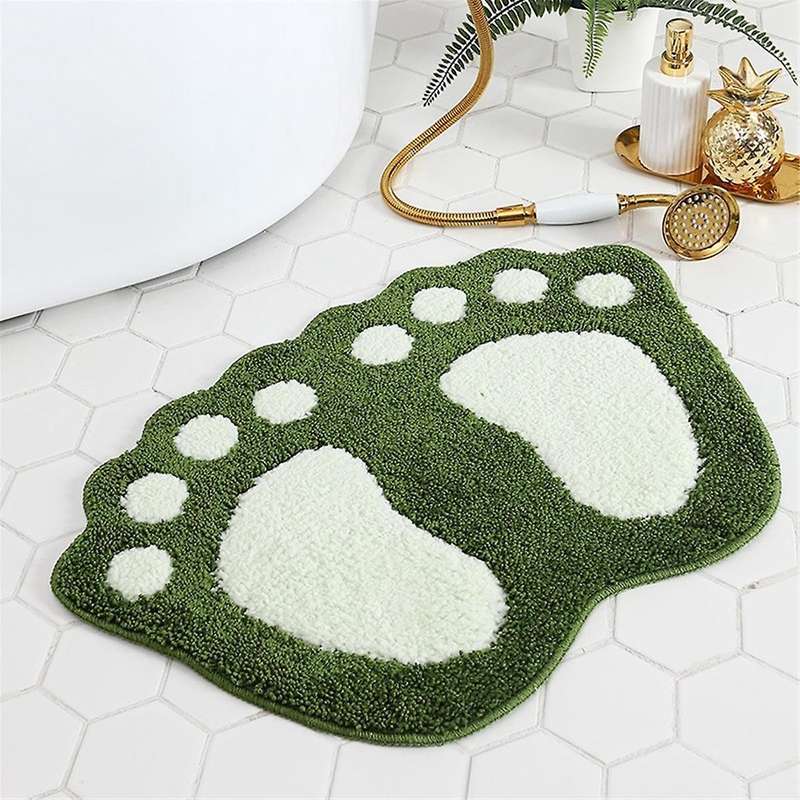 Cute Bath Mat Rug Non- Water Absorbent Green Big Feet Quick Dry Soft Microfiber Carpet for Bathroom