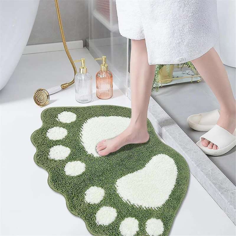Cute Bath Mat Rug Non- Water Absorbent Green Big Feet Quick Dry Soft Microfiber Carpet for Bathroom
