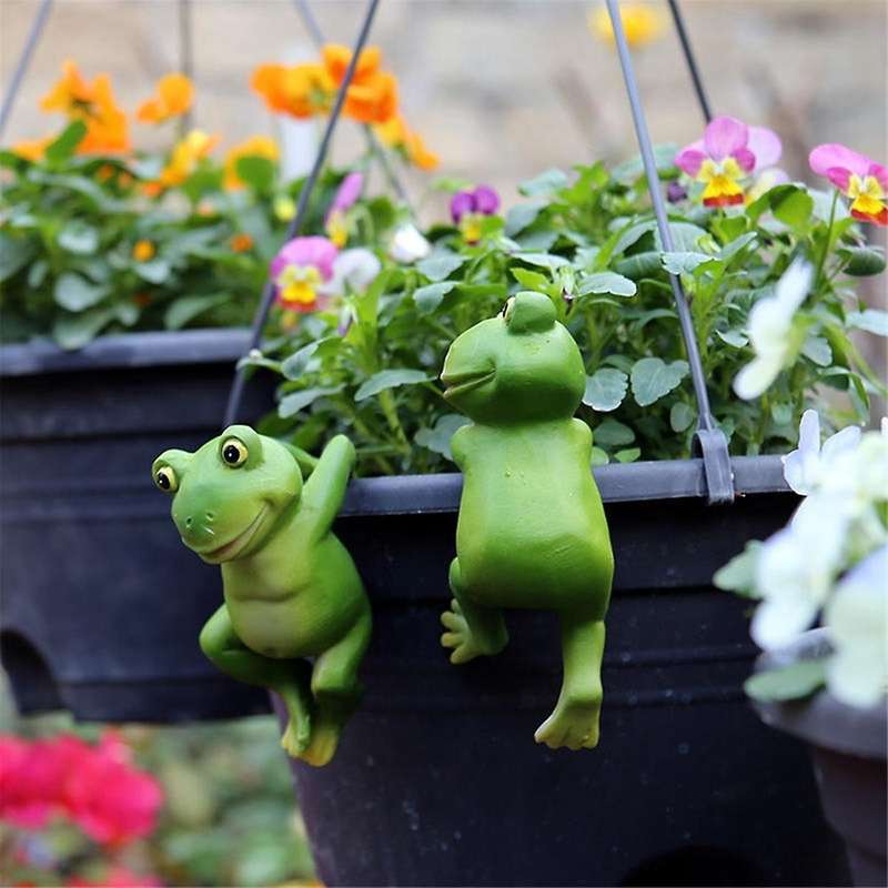 Cute Frog Figurines Hanging Animal Statue, Resin Pot Climbing Sculpture Outdoor Statues Ornaments De