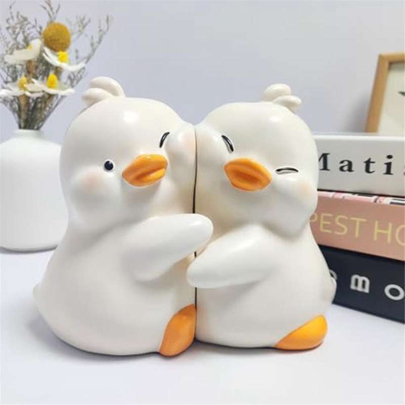 Cute Hug Ducks Decorative Bookends, Resin Book Holders for Shelf Desk Office Bedroom Decoration, Duc