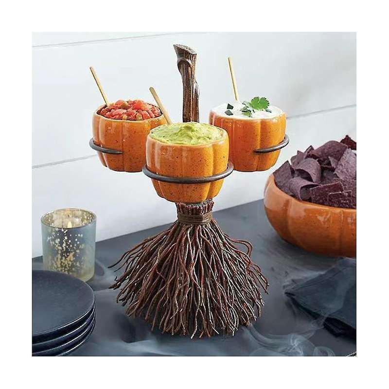 Cute Halloween Resin Pumpkin Bowls On Broom for Serving Fruit Salad Snacks Halloween Party Tabletop