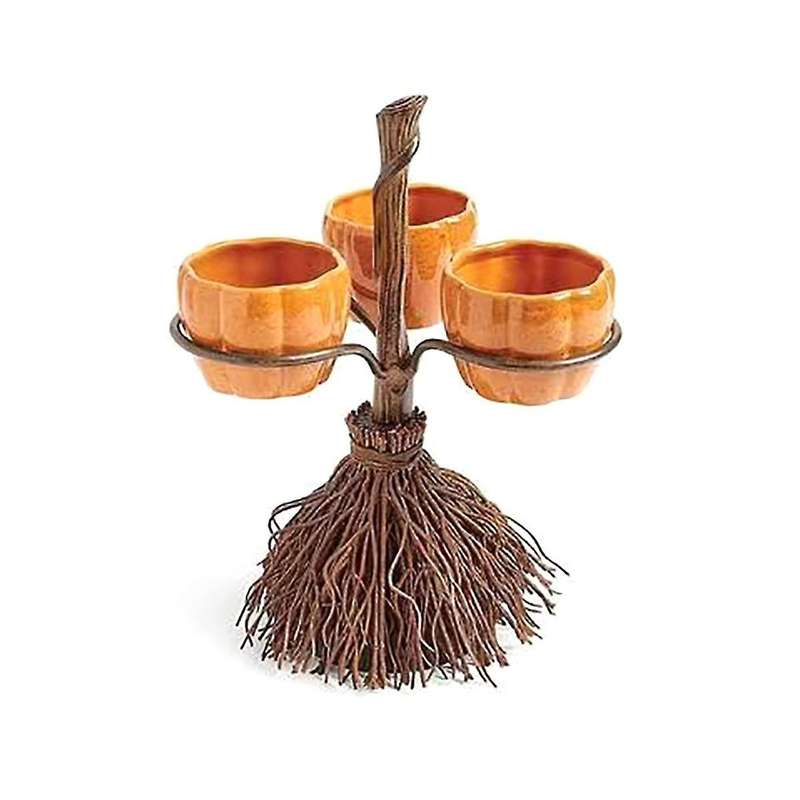 Cute Halloween Resin Pumpkin Bowls On Broom for Serving Fruit Salad Snacks Halloween Party Tabletop