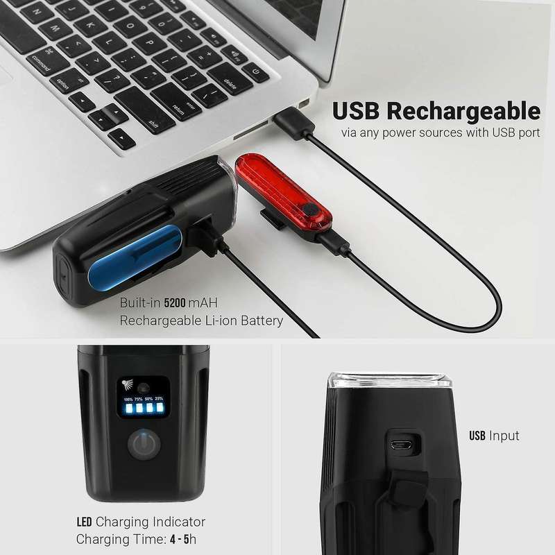 Cycling Bicycle Bike Light Set Ultra-Bright Waterproof Rechargeable Headlight with and Tail Light