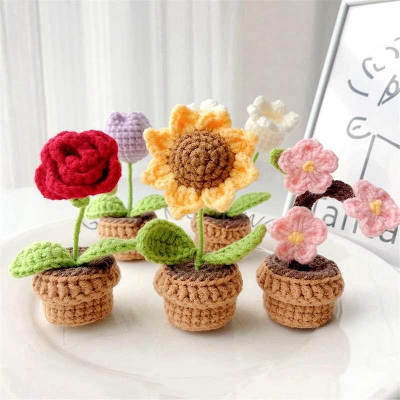 D Hand-Knitted Flowers Potted Crochet Artificial Plants Finished Woven Gift