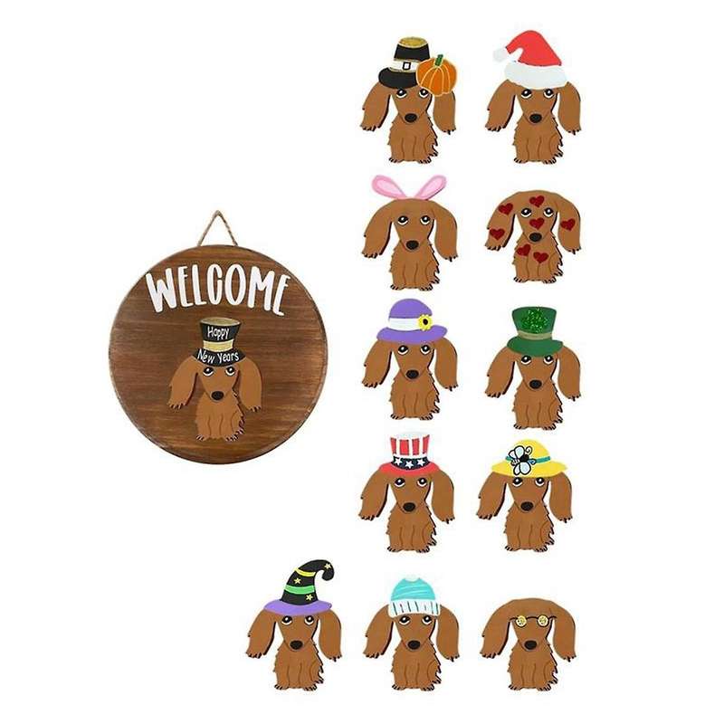 Dachshund Seasonal Welcome Sign for Front Door Rustic Round Wood Wreaths Sausage Dog Wall Hanging Ho