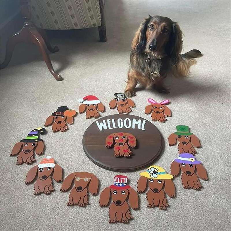 Dachshund Seasonal Welcome Sign for Front Door Rustic Round Wood Wreaths Sausage Dog Wall Hanging Ho