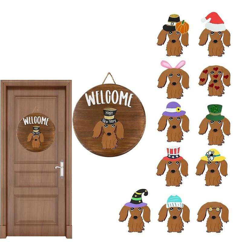 Dachshund Seasonal Welcome Sign for Front Door Rustic Round Wood Wreaths Sausage Dog Wall Hanging Ho