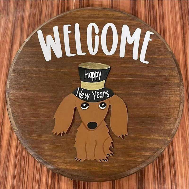Dachshund Seasonal Welcome Sign for Front Door Rustic Round Wood Wreaths Sausage Dog Wall Hanging Ho
