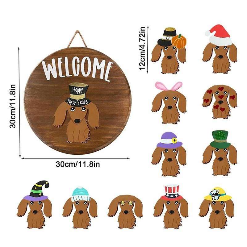 Dachshund Seasonal Welcome Sign for Front Door Rustic Round Wood Wreaths Sausage Dog Wall Hanging Ho