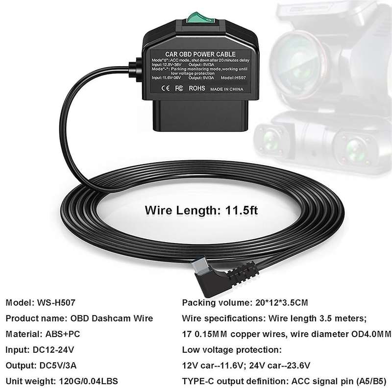 Dash Cam OBD Hardwire Kit,Dash Camera USB Type C Hardwire Kit with OBD Power Cable for Dashcam 12-24