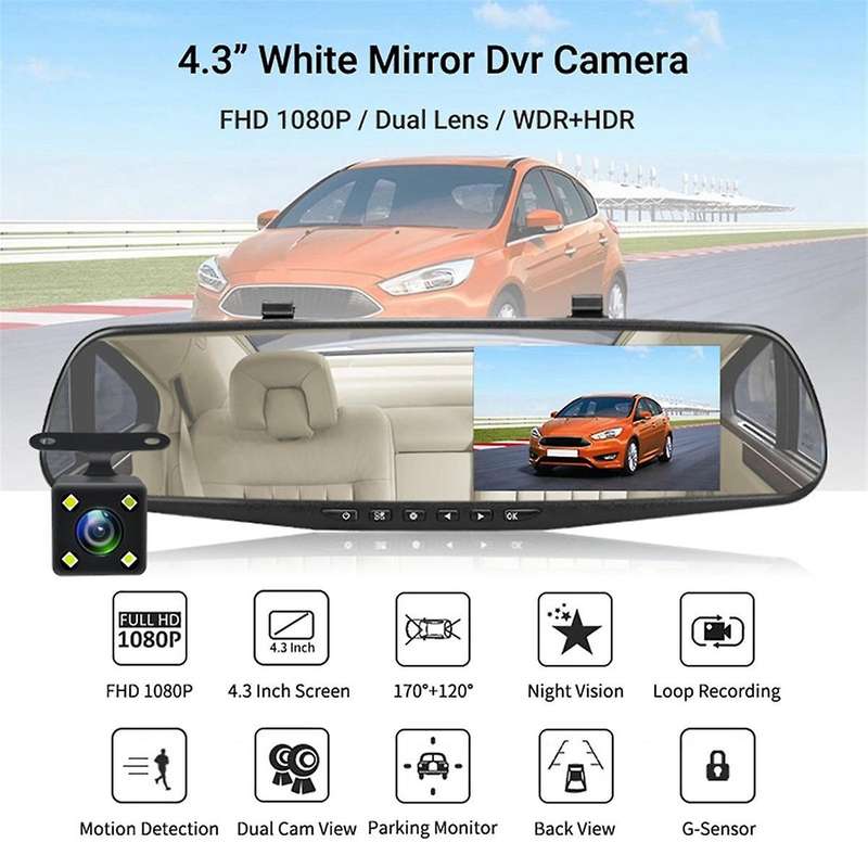 Dashcam White Mirror Dvr 4.3 Inch Dash Camera FHD 1080P Auto Registrar Support Rear View Camera Vide