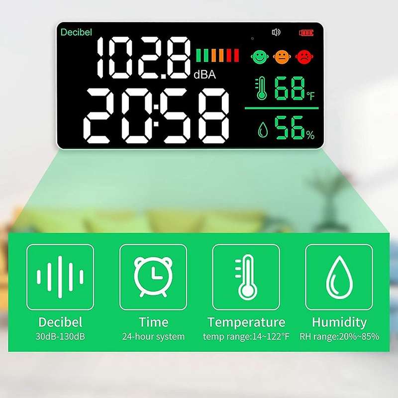 Decibel Meter Wall Hanging Sound Level Meter 30-130DB Range 11 Inch LED Display Noise Time Temperatu